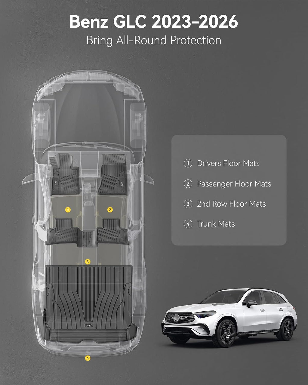 3W Floor Mats & Cargo Liner for Mercedes Benz GLC 2026 2025 2024 2023 GLC300 / GLC43 AMG / GLC63 AMG SE (Not for Coupe & PHEV (350e)), TPE All Weather Floor Liner & Cargo Mats Car Accessories