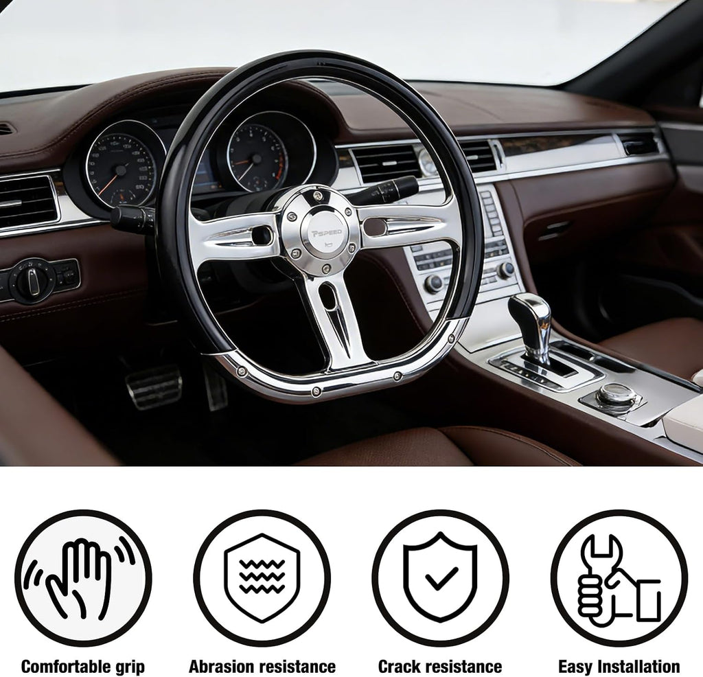 14 inch steering wheel,Classic black Grain grip 3 Spokes 6 Bolt Chrome-Plated aluminum 50mm Deep Dish with horn Fit for Cars,for Vintage Car,Classic Car,D-shaped steering wheel