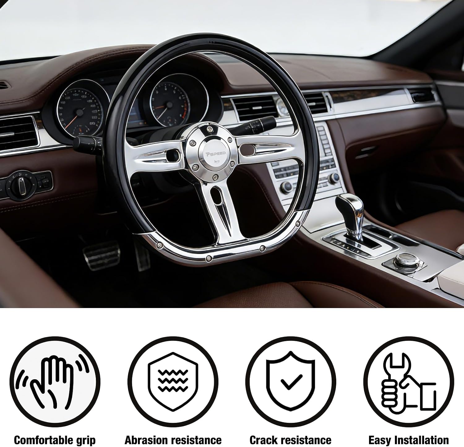 14 inch steering wheel,Classic black Grain grip 3 Spokes 6 Bolt Chrome-Plated aluminum 50mm Deep Dish with horn Fit for Cars,for Vintage Car,Classic Car,D-shaped steering wheel