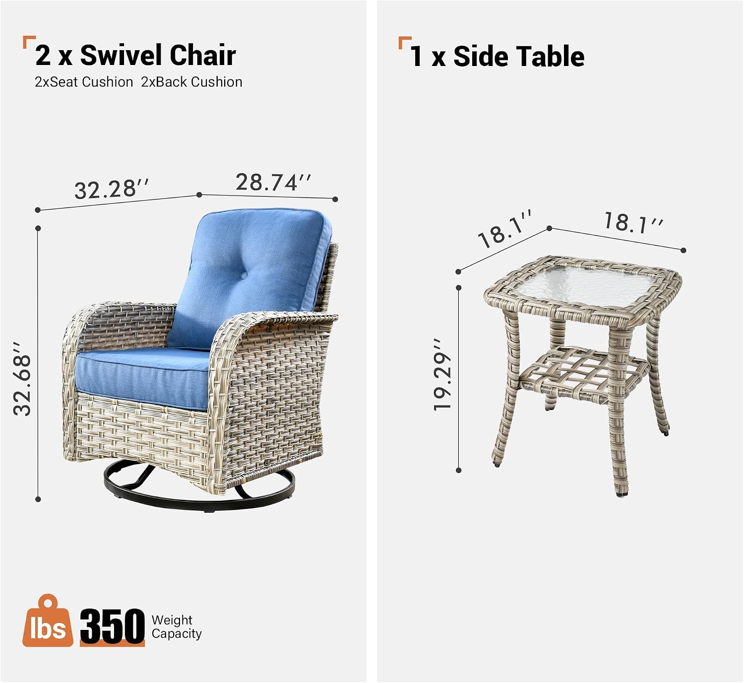 ovios Outdoor Swivel Rocking Chair Set of 3 with Coffee Table, Patio Wicker Rocker with Comfortable Thicken Deep Seating, Comfy Rattan Glider Chairs for Porch Deck Balcony Garden Backyard, Blue