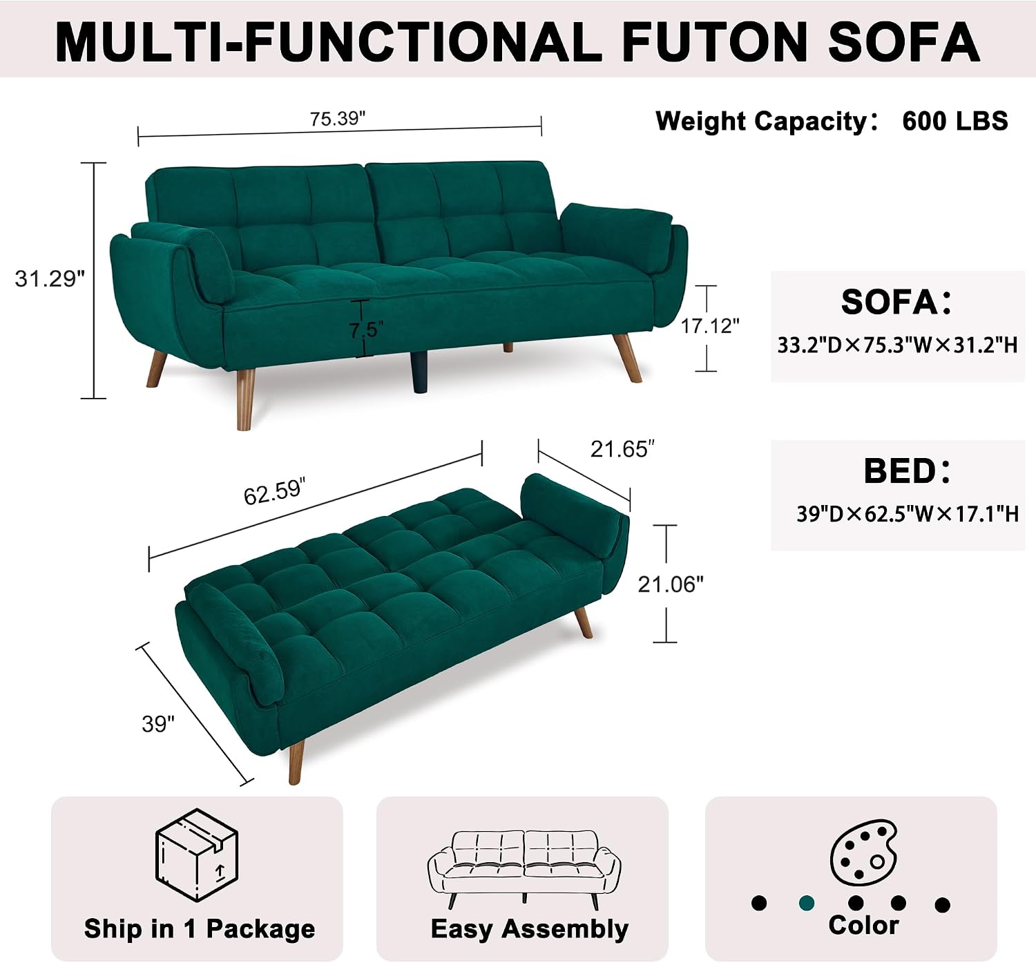 Convertible Futon Couch Bed, Sleeper Sofa Bed with Adjustable Backrests, Linen Loveseat Sofa 3 Seater Comfy Couch for Small Spaces, Living Room, Bedroom(Green, 75')
