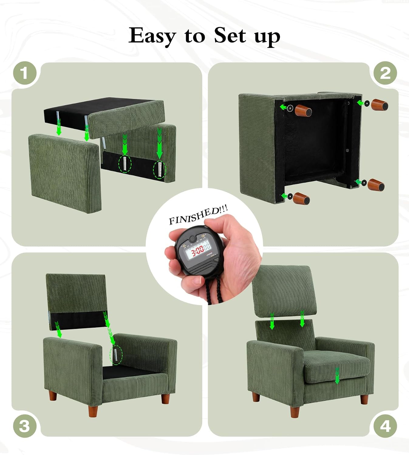 Kidirect 35.5in Corduroy Sofa Accent Chair, Tool-Free Setup Living Room Couch Accent Chairs, Reading Chair for Bedroom 22.5in Extra Deep Seats, Comfy Arm Chairs for Office, All-Wood Reading Nook Green