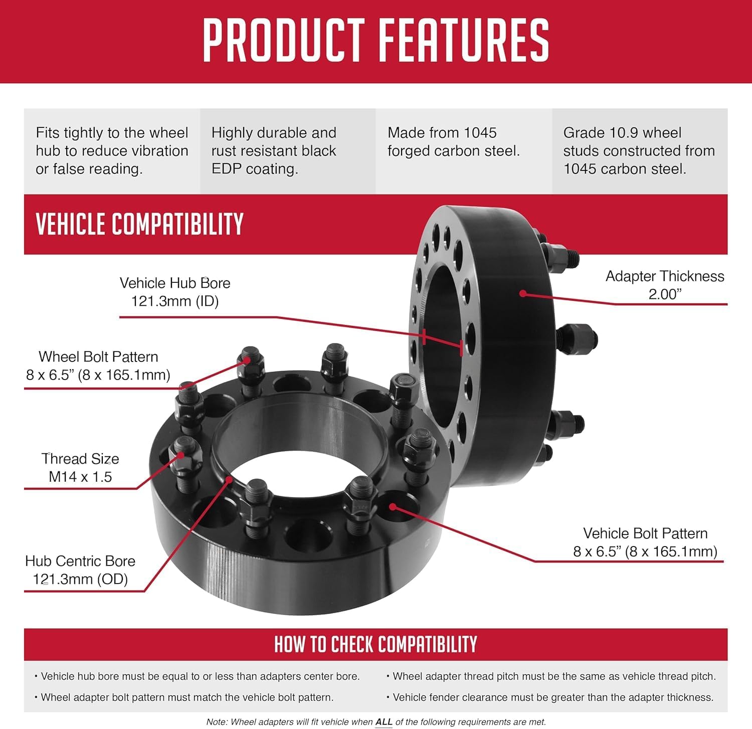 Wheel Accessories Parts 2 Pcs Steel Hub Centric Wheel Spacers 8 on 6.50 2.00 Inch Thick 121.3mm Hub M14x1.5 14x1.5 Thread Stud Fits Ram 2500 3500 Front Wheels Only