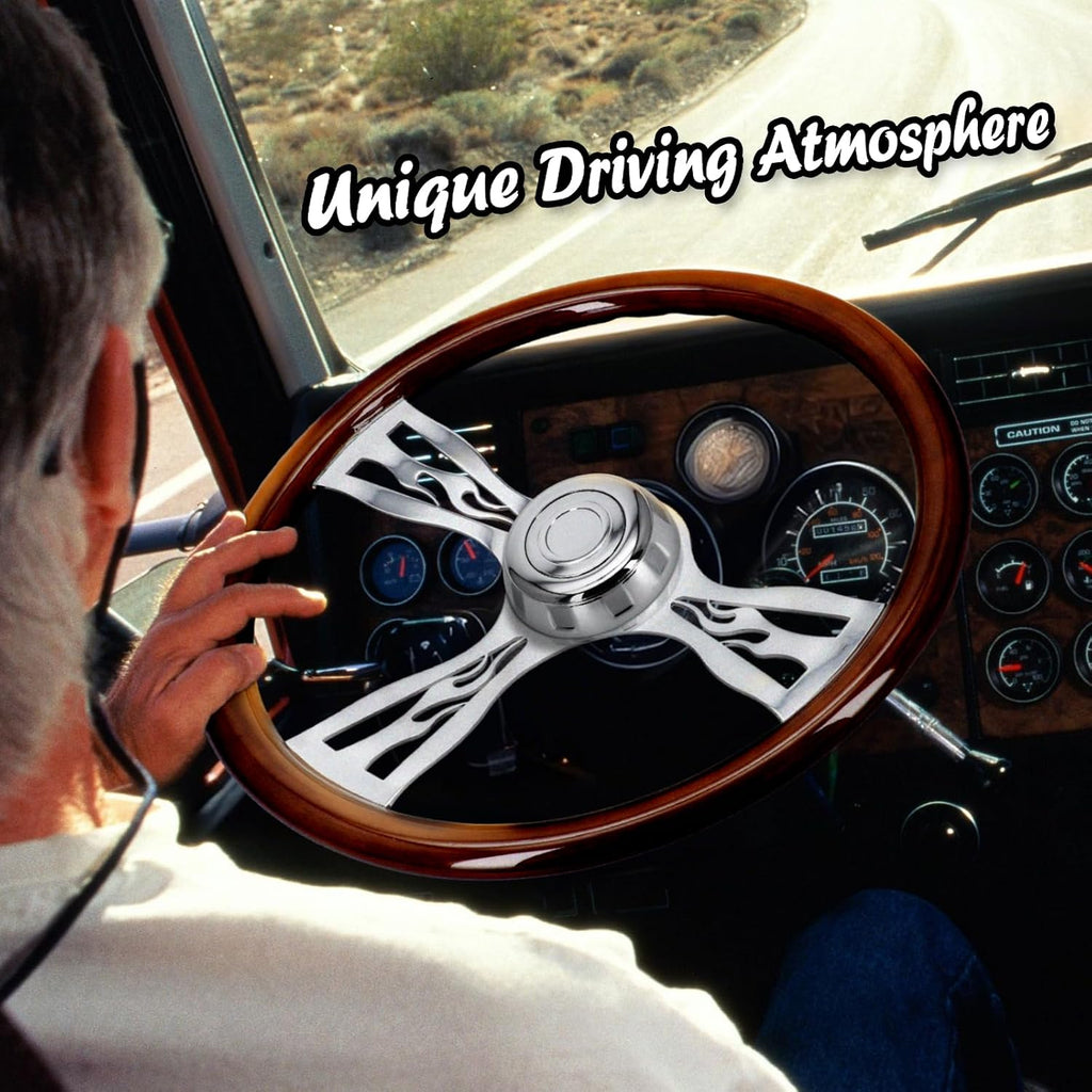 Sorghum 18' Solid Wood Steering Wheel - 3 Spokes Aluminum Chrome Classic Steering Wheel with Horn Button for Trucks Compatible with Mack Kenworth Peterbilt Volvo Freightliner-Flame Designs