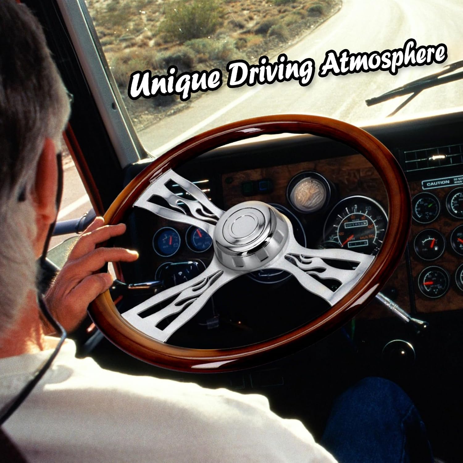 Sorghum 18' Solid Wood Steering Wheel - 3 Spokes Aluminum Chrome Classic Steering Wheel with Horn Button for Trucks Compatible with Mack Kenworth Peterbilt Volvo Freightliner-Flame Designs