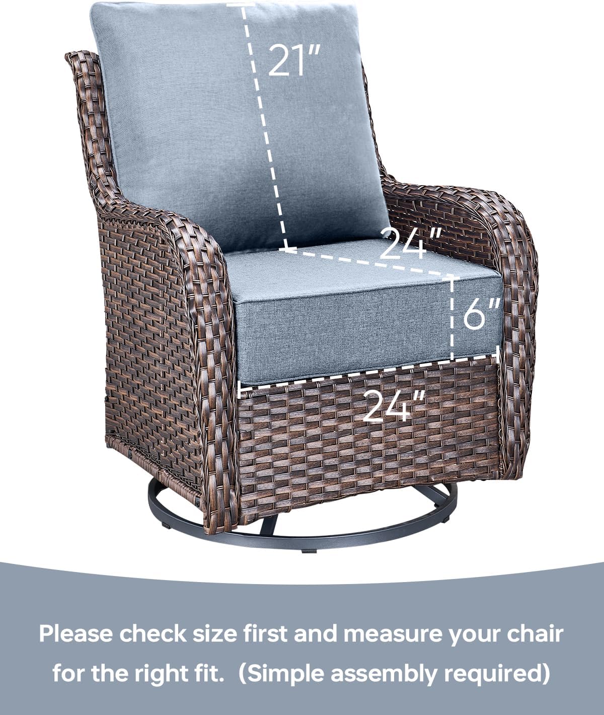 Luxury 24x24x6 Inch Patio Chair Cushions Set of 3 - Memory Foam Deep Seat Water-Resistant Patio Cushion for Lawn Dining Rocking Swivel Chairs Loveseat 3-Seater Sectional Sofa - Baby Blue