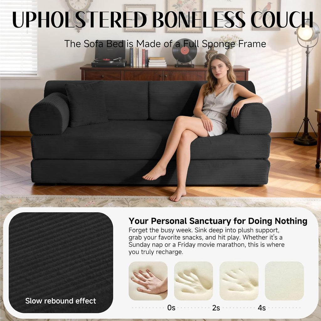 79'' Convertible Sofa Bed, 6 in 1 Folding Floor Futon Couch Sleeper with Fixed Frame, Corduroy Modular Sofa Bed with Removable Armrests & Pillows, No Assembly for Living Room Bedroom (Black)