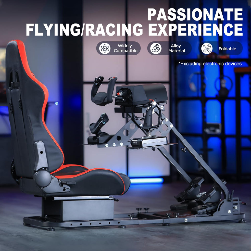 Marada Flight Sim Cockpit with Red Seat and Racing Wheel Stand for Driving and Flight Simulator Fit for Thrustmaster HOTAS Warthog, for Logitech Adjustable |Throttle,Joystick,Keyboard not Included