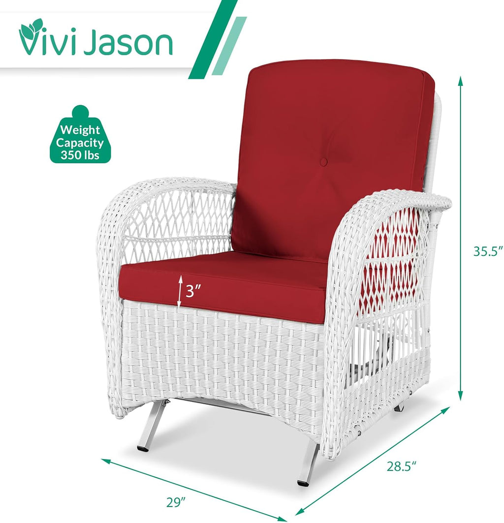 VIVIJASON 2-Piece Outdoor White Wicker Glider Rocking Chair, Patio Rattan Swing Glider Chairs with Cushions & Steel Frame, All-Weather Gliding Lawn Wicker Furniture for Garden Backyard, Red