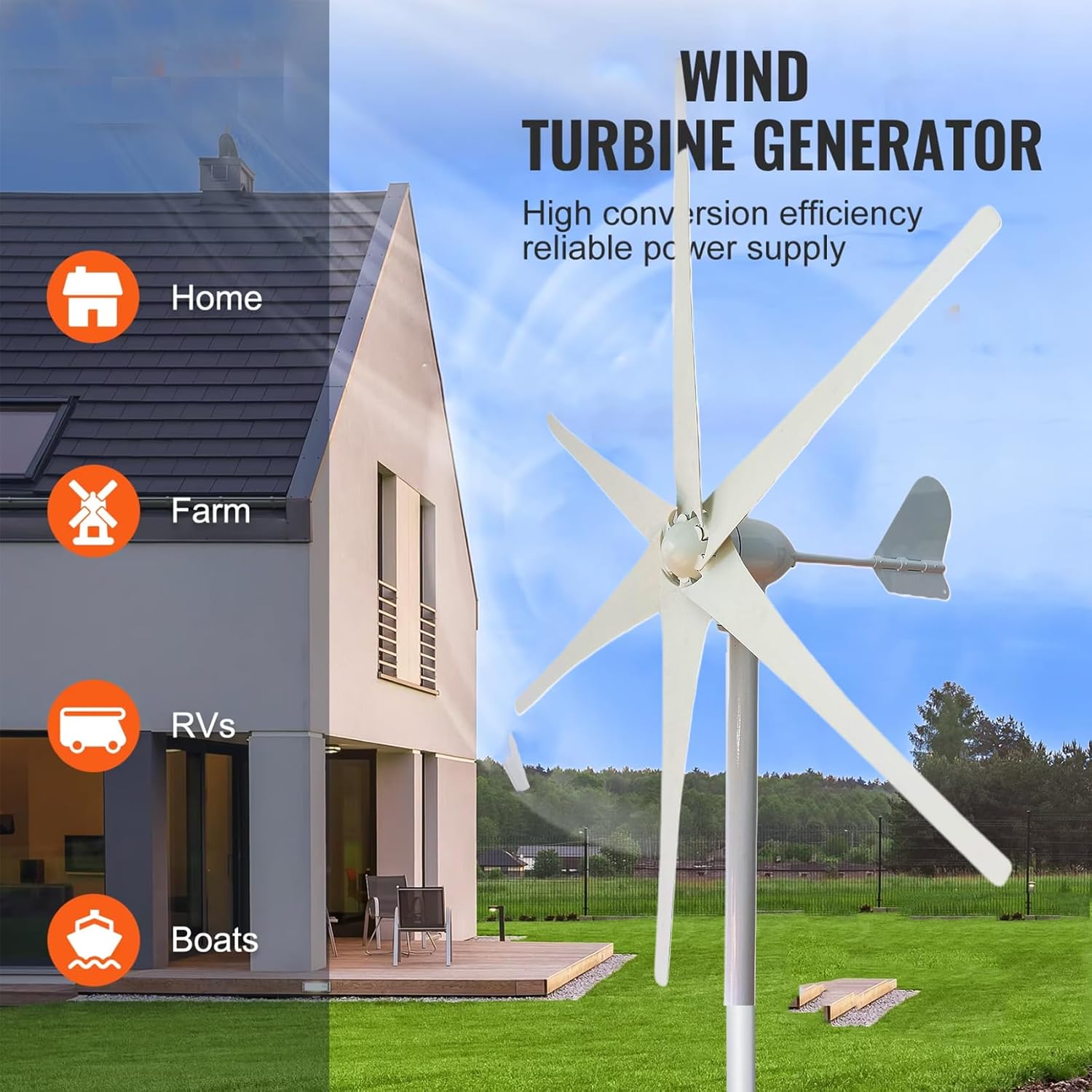 1000W No Noise Vertical Magnetic Wind Generator,6 Blades with Charge Controller 12V 24V 48V 220V Permanent Magnet Generator for Outdoor Garden(White)