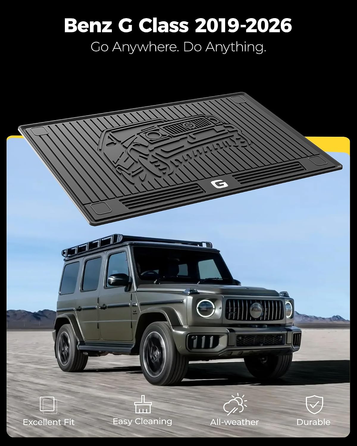 3W Cargo Liner Fit for 2019-2025 2026 Mercedes-Benz G Class G500/G550/G580/AMG G63 SUV TPE All Weather Custom Fit Trunk Mat, Black
