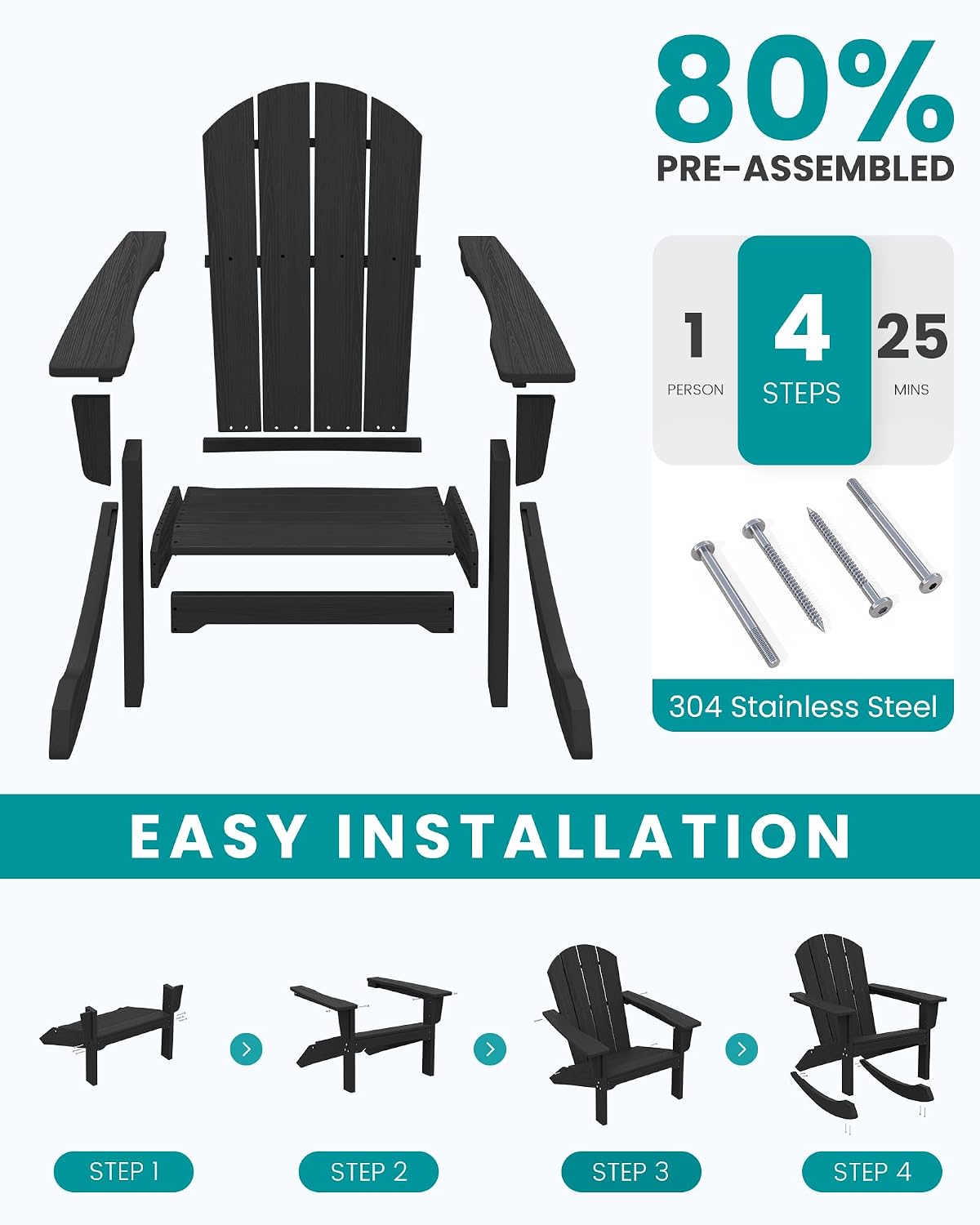 SERWALL Outdoor Adirondack Rocking Chairs Set of 6, All-Weather HDPE Adirondack Rocker Chair, Front Porch Rocker Chairs for Patio Lawn Porch Deck, Black