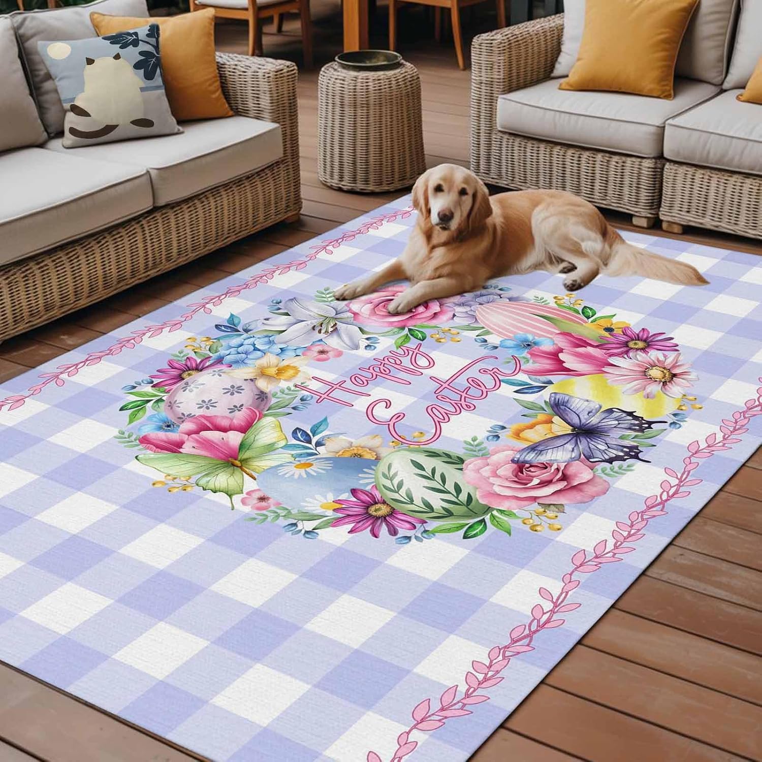 Happy Easter Outdoor Rug for Patio/Deck/Porch, Non-Slip Large Area Rug 5 x 8 Ft, Colorful Eggs Flowers Butterfly Purple Plaid Indoor Outdoor Rugs Washable Area Rugs, Camping Rug Carpet Runner