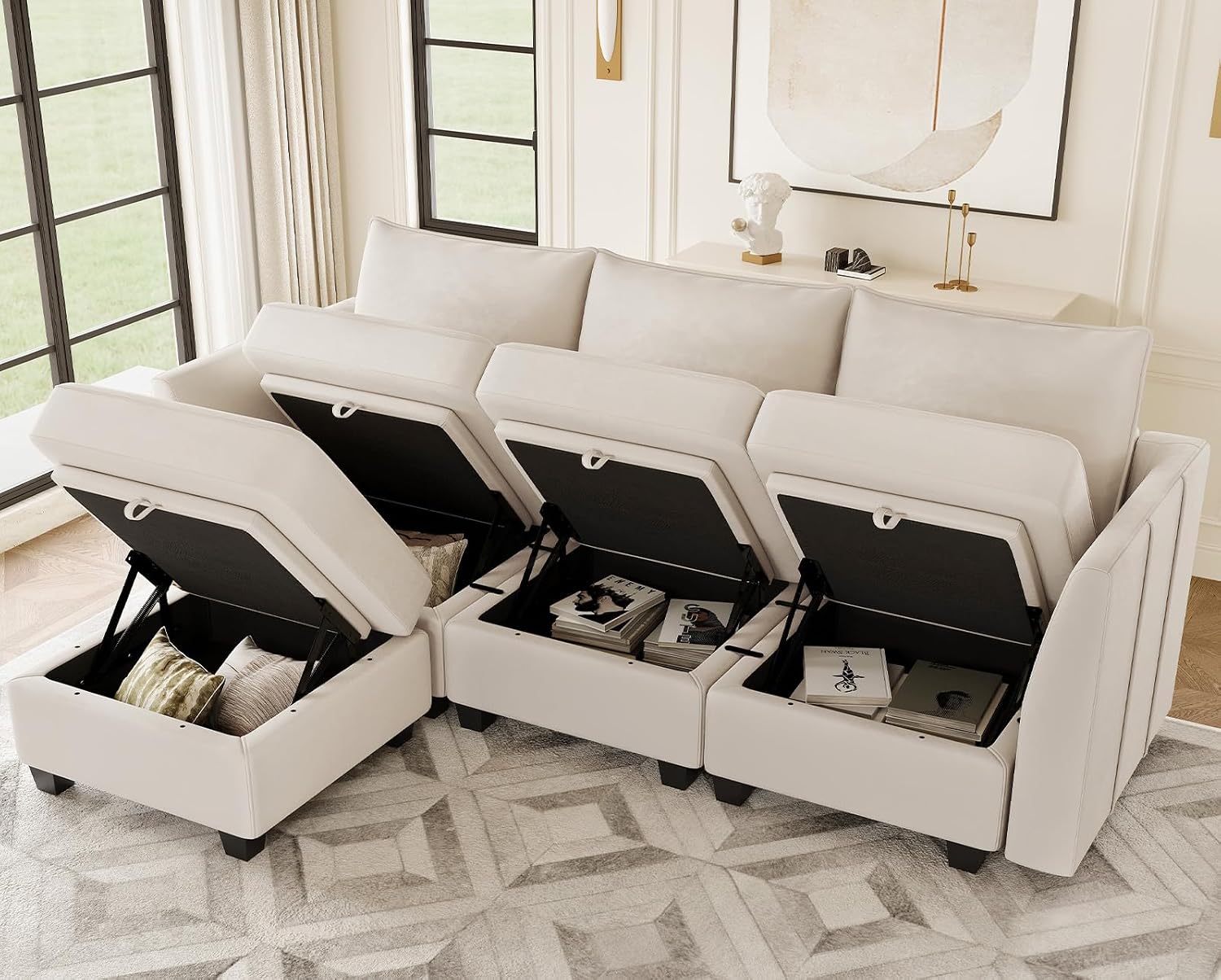 Belffin Convertible Sectional Sofa with Chaise Velvet L Shaped Sofa Couch Modular Sectional Sofa with Storage Beige