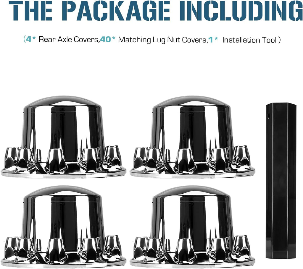 Rear Axle Wheel Covers Kit 33mm Axle Cover Chromed Thread-On Standart Lug Nut Covers with Removable Hub Caps for Semi Truck (Installation Tool Included)