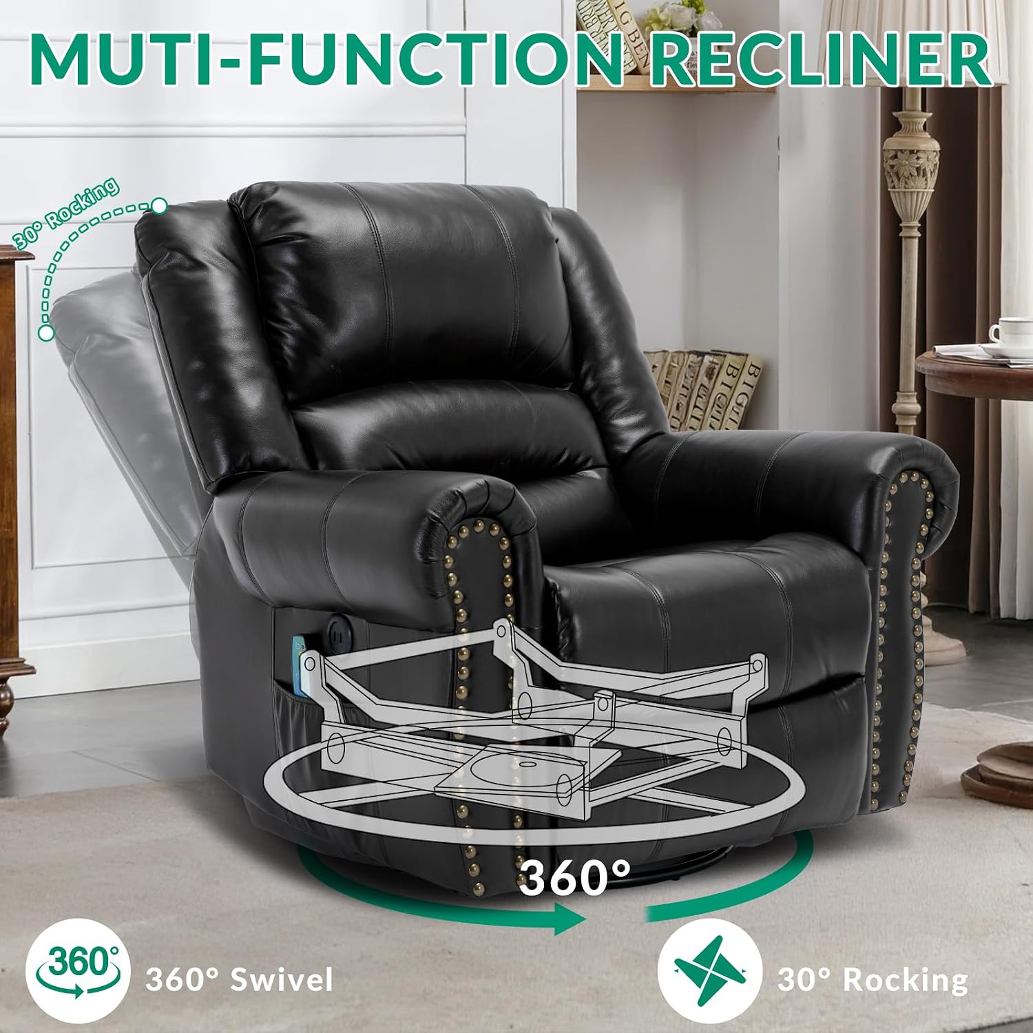 VIVIJASON Massage Swivel Rocker Recliner Chair with Heat & Vibration, 360° Swivel Manual Glider Rocking Reclining Chair with Remote Control, Side Pockets & USB Ports for Living Room, Black