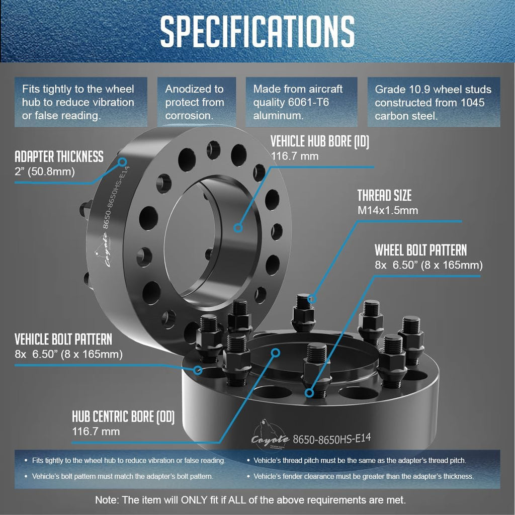 Wheel Accessories Parts 2 Pcs Steel Hub Centric Wheel Spacers 8 on 6.50 2 Inch Thick 116.7mm Hub M14x1.5 14x1.5 Thread Stud Fits Chevy Silverado 2500 3500 GMC Sierra 2500 3500 SRW ｜DRW Front Only
