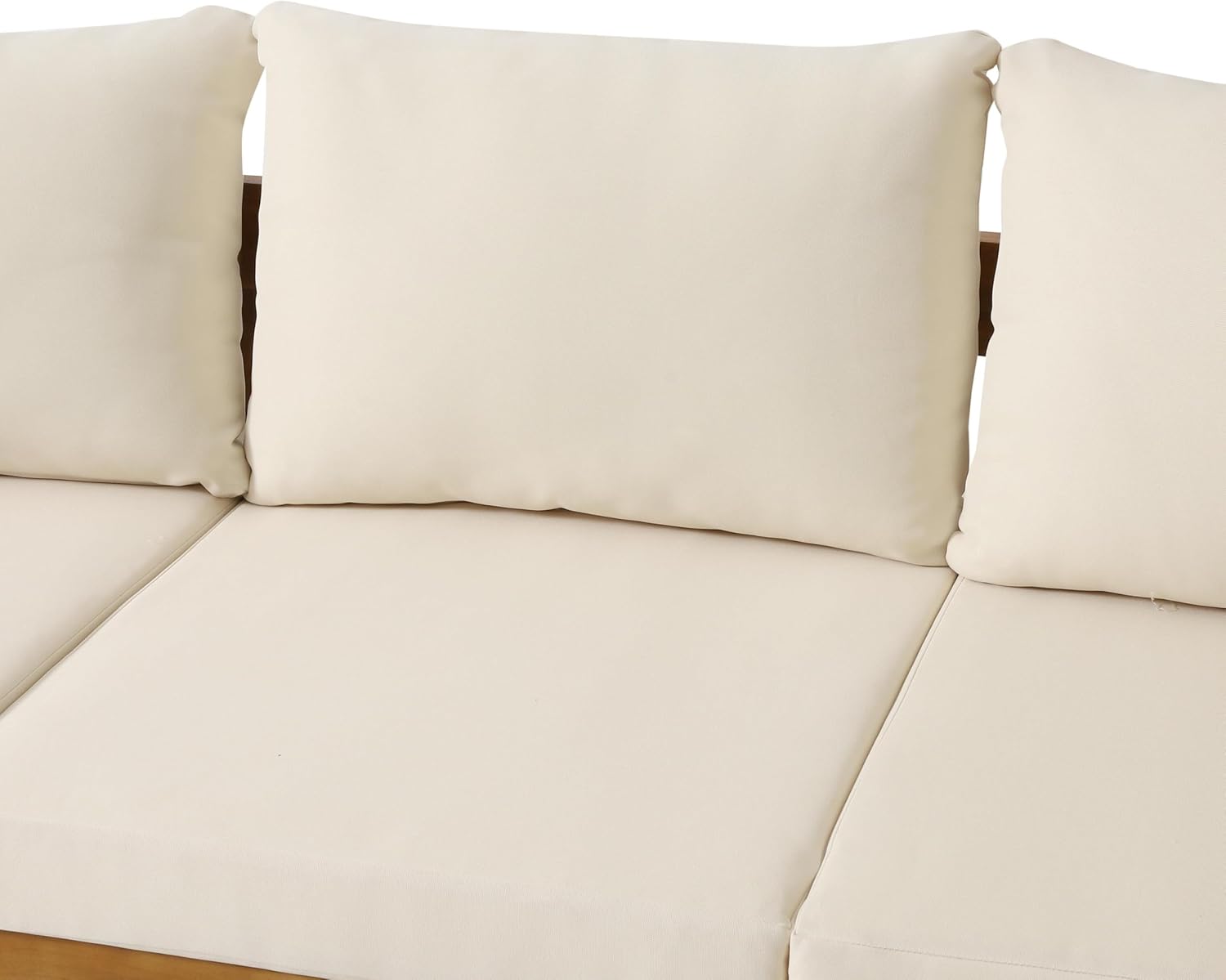 76.5 Inch Outdoor Acacia Wood 3-Seater Patio Sofa with Beige Cushions Curved Tuxedo Design Weather-Resistant Garden Backyard Couch, Teak
