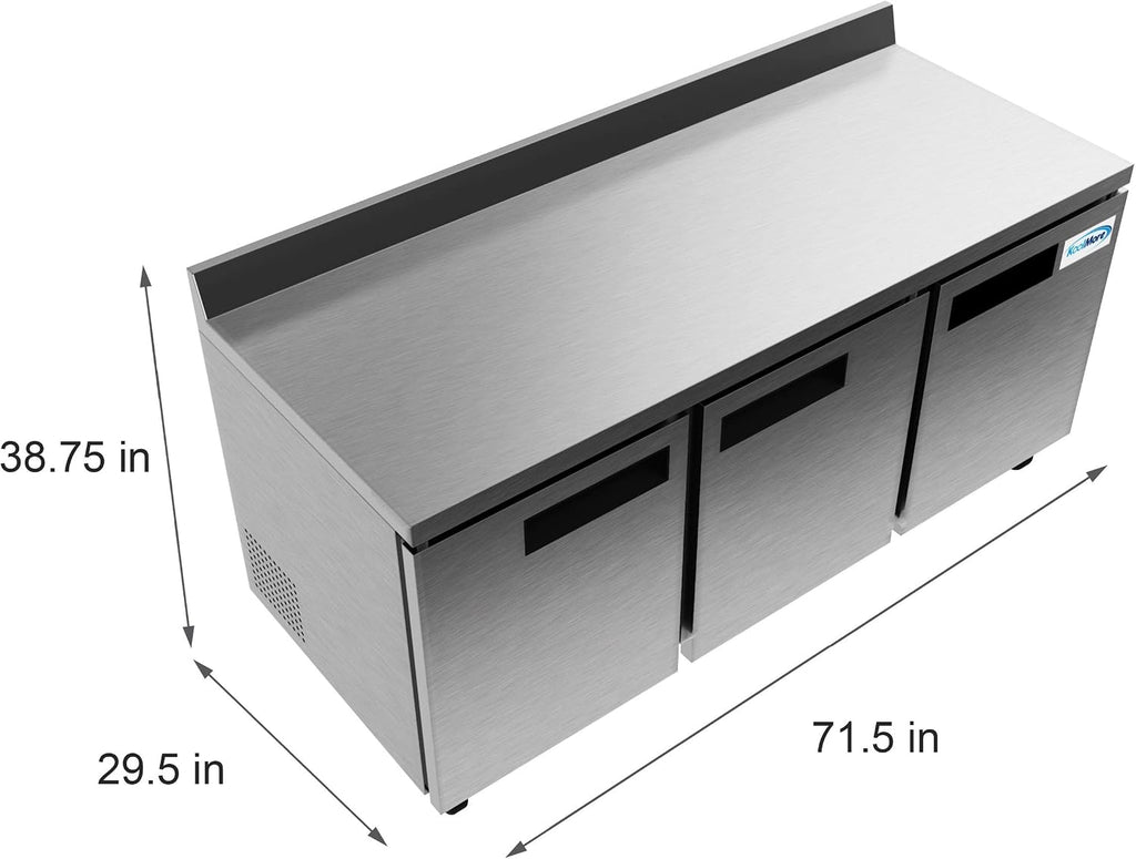 KoolMore 72' Stainless Steel 3 Door Worktop Commercial Refrigerator with 3 1/2 Backsplash - 16.9 cu.ft, Model: RWT-3D-16C