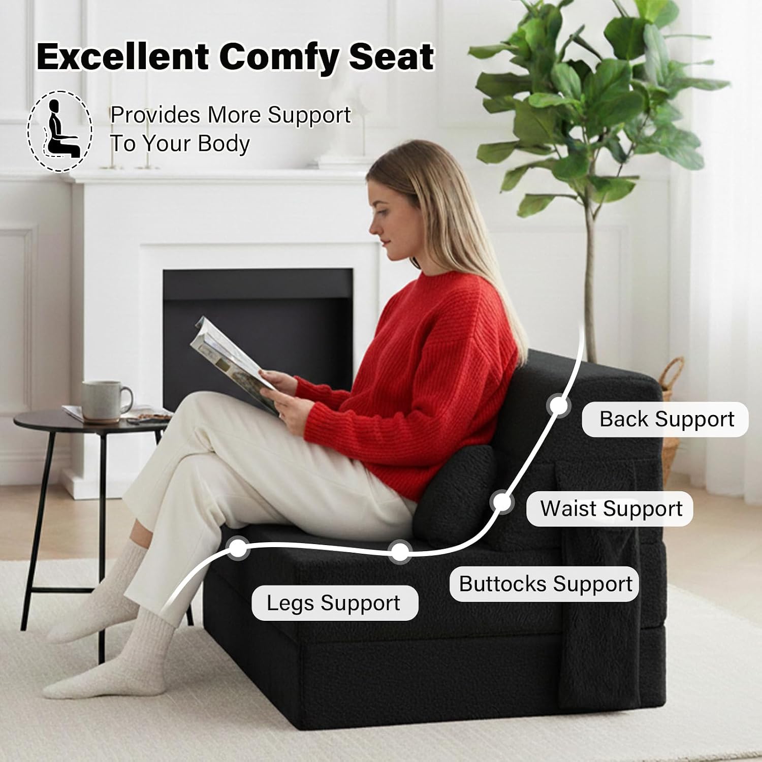 Tiita Convertible Folding Sofa Bed Twin Size for Adults with Pillow, Plush Fabric Floor Mattress Couch Bed, Washable Cover & Side Pocket, Guest Room, Dorm, Apartment, Living Room, Black