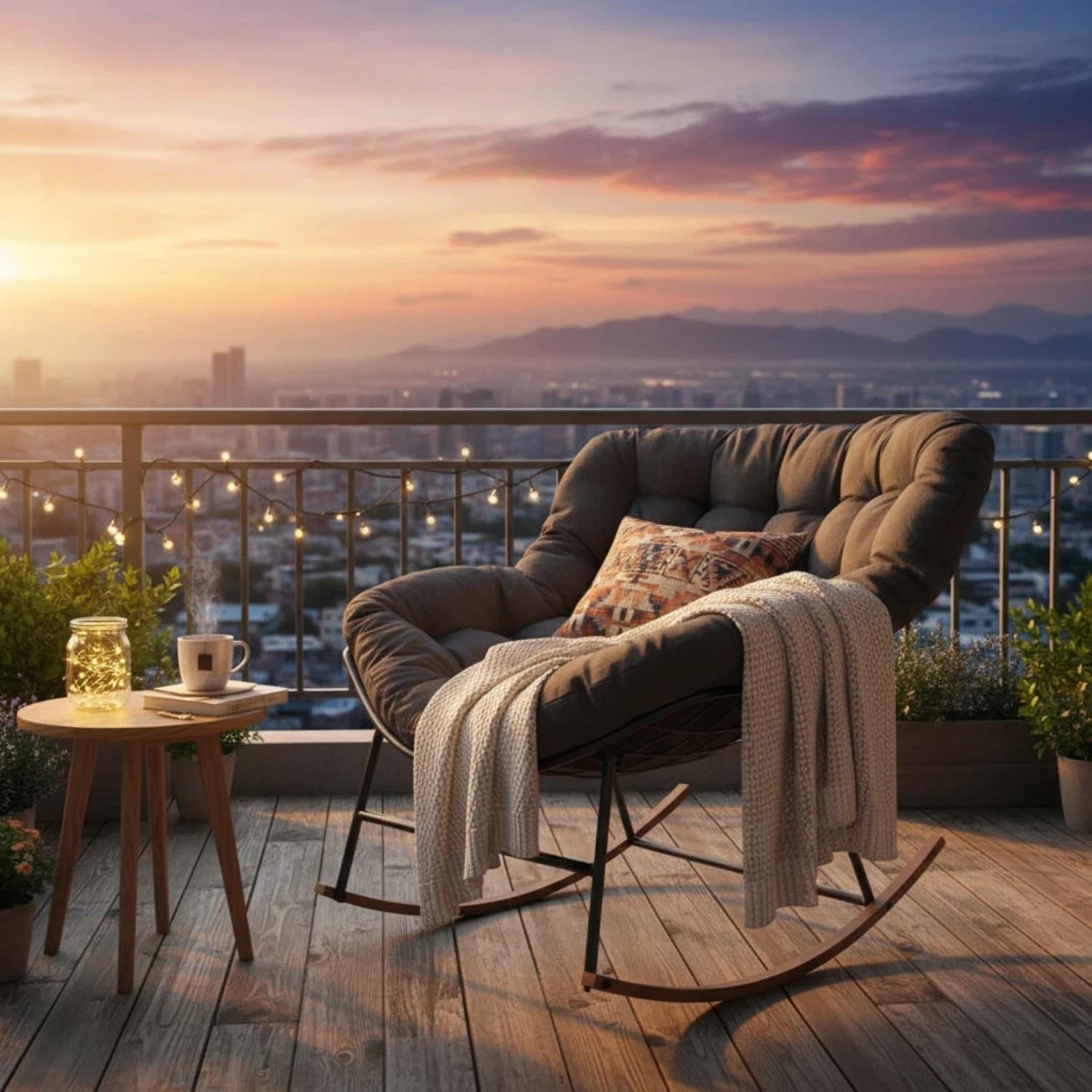 Outdoor Papasan Rocking Chair with Cushion for Patio Porch Balcony, Oversized Cozy Lounge Rocker Chair, All Weather Durable Frame, Comfortable Rocking Chair for Backyard Garden, Gray