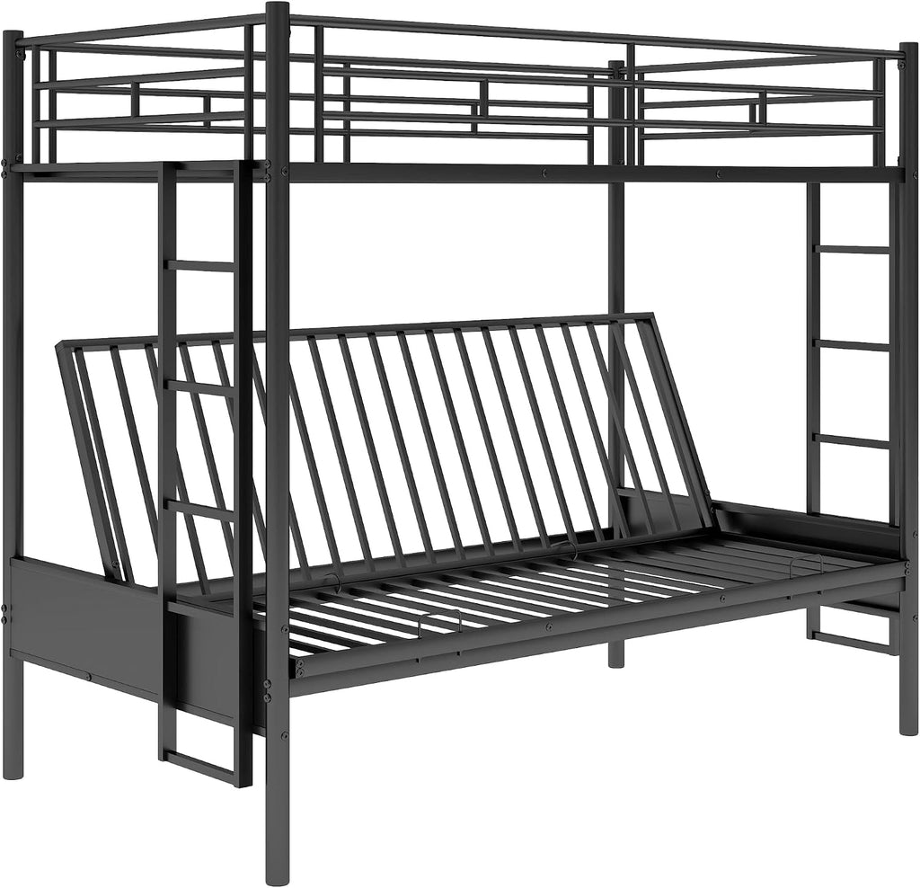 Anwick Twin-Over-Futon Convertible Couch and Bed, Metal Futon Bunk Bed with Guardrails and Ladder, Sturdy Steel Foldable Sofa-Bed for Kids Adults Teens (Twin Over Full Metal Bunk Bed, Twin)