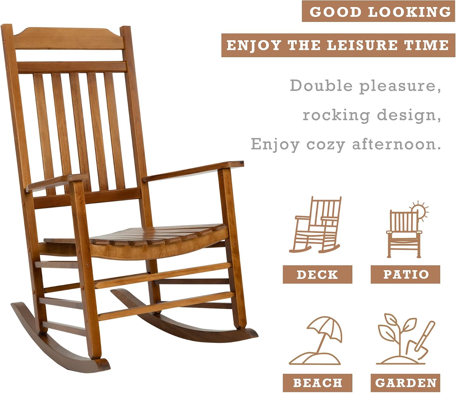 Kozyard Wooden Rocking Chair, Solid Wood Outdoor Rocker Chair with High Back & Slatted Seat, Ergonomic Porch Rocking Chair for Patio, Balcony, Garden, Indoor Outdoor Use (Natural)