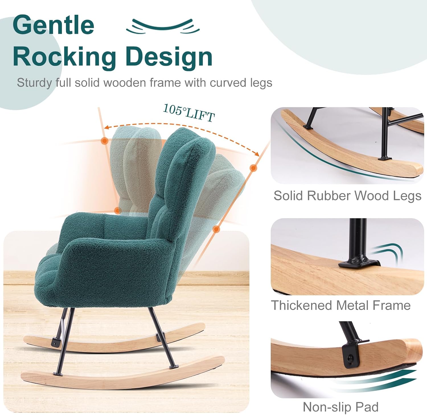 Rocking Chair Nursery, Teddy Upholstered Glider Rocker with High Backrest, Reading Chair Modern Rocking Accent Chairs Glider Recliner for Living Room, Nursery, Bedroom (Green)