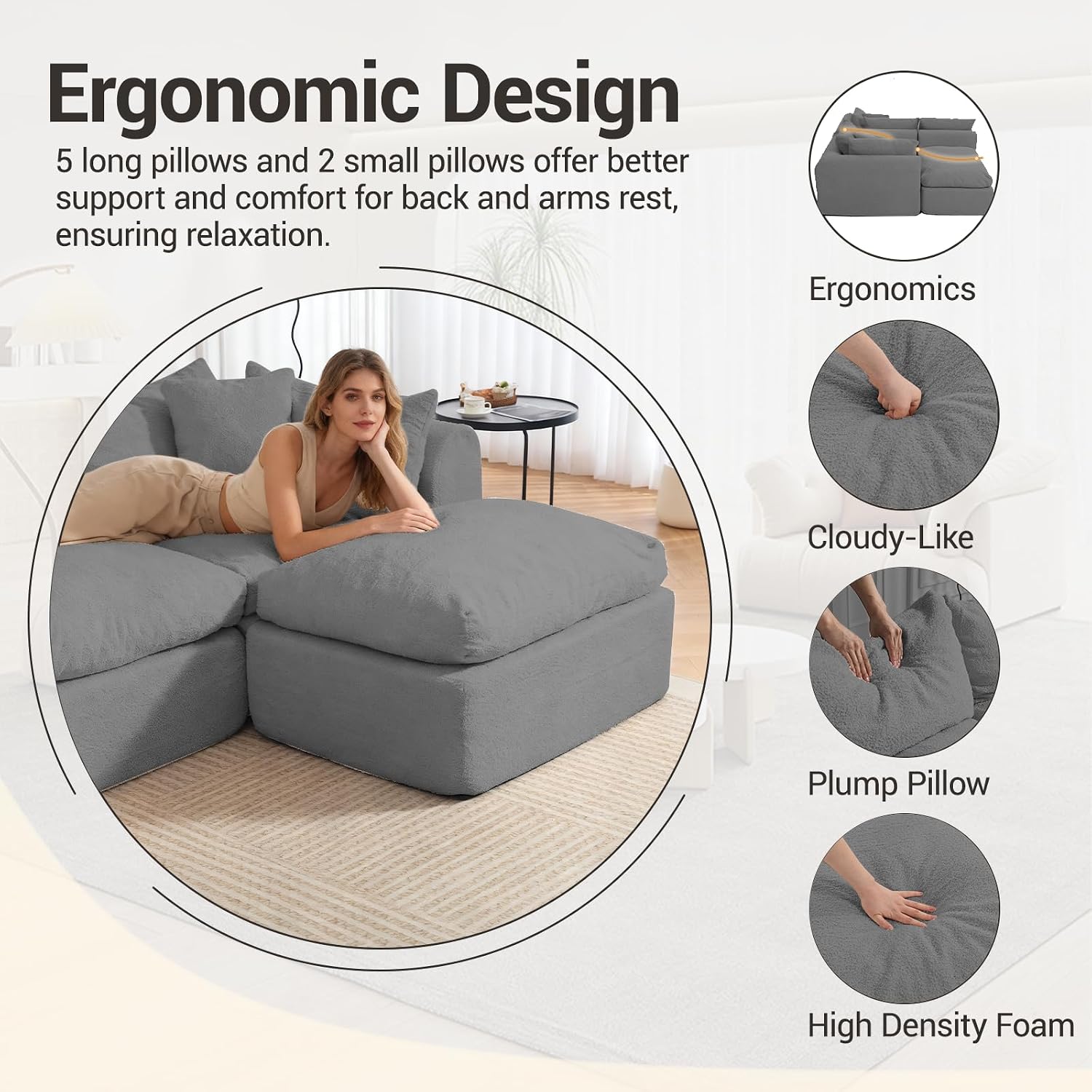 Modular Cloud Couch Sectional, Boneless Sofa with Ottoman, Deep Seat Fluffy Sectional Couch for Living Room & Bedroom, No Assembly Required, Grey