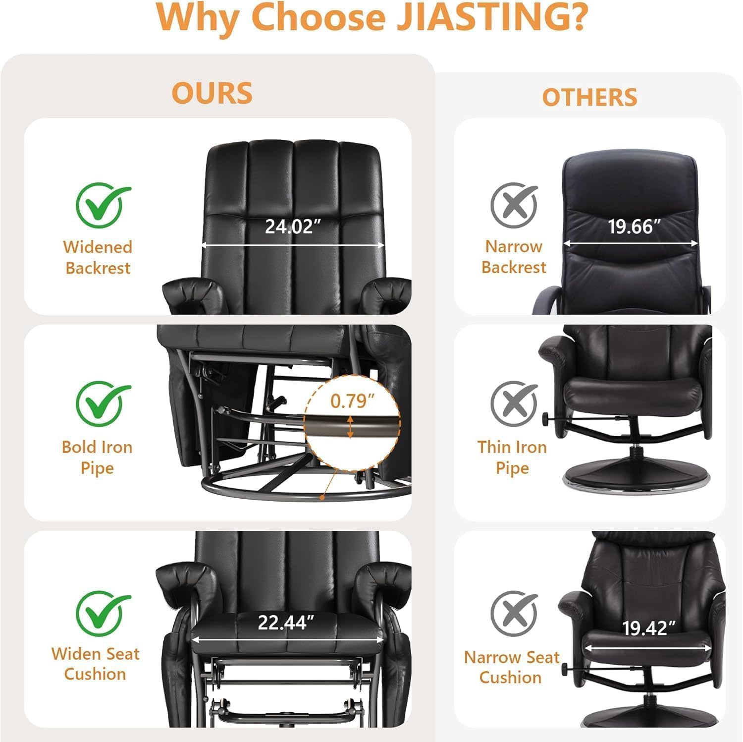 JIASTING 360° Swivel Recliner Chair, Nursing Glider Rocking Recliner Chair with Ottoman & Side Pockets, Gliding Chair for Nursery, Office, Living Room, Bedroom, Metal Frame