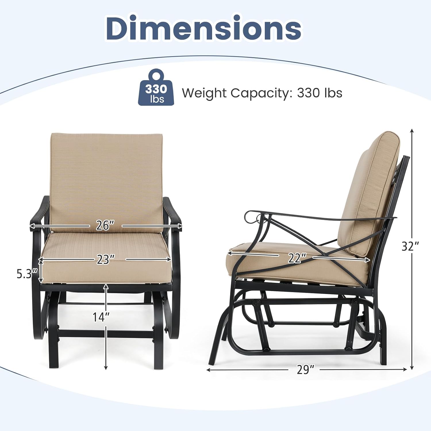 Giantex Outdoor Glider Rocking Chair, Patio Glider with Thick Removable Seat and Back Cushion, Non-Slip Foot Pads, Heavy-Duty Metal Frame, Outdoor Swing Rocking Chairs for Porch, Garden, Yard, Lawn