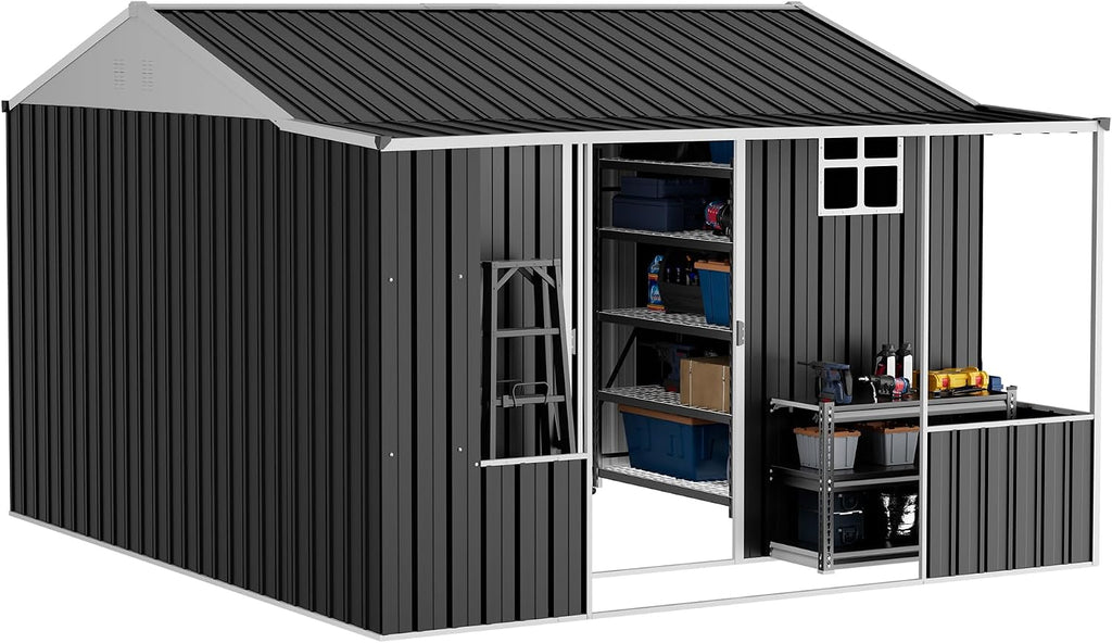 VanAcc 10×10.5×7 FT Metal Storage Shed, Dual-Zone Tool Shed with Work Area, Reinforced Frame, Gable Roof, Ventilated Design, Dark Grey