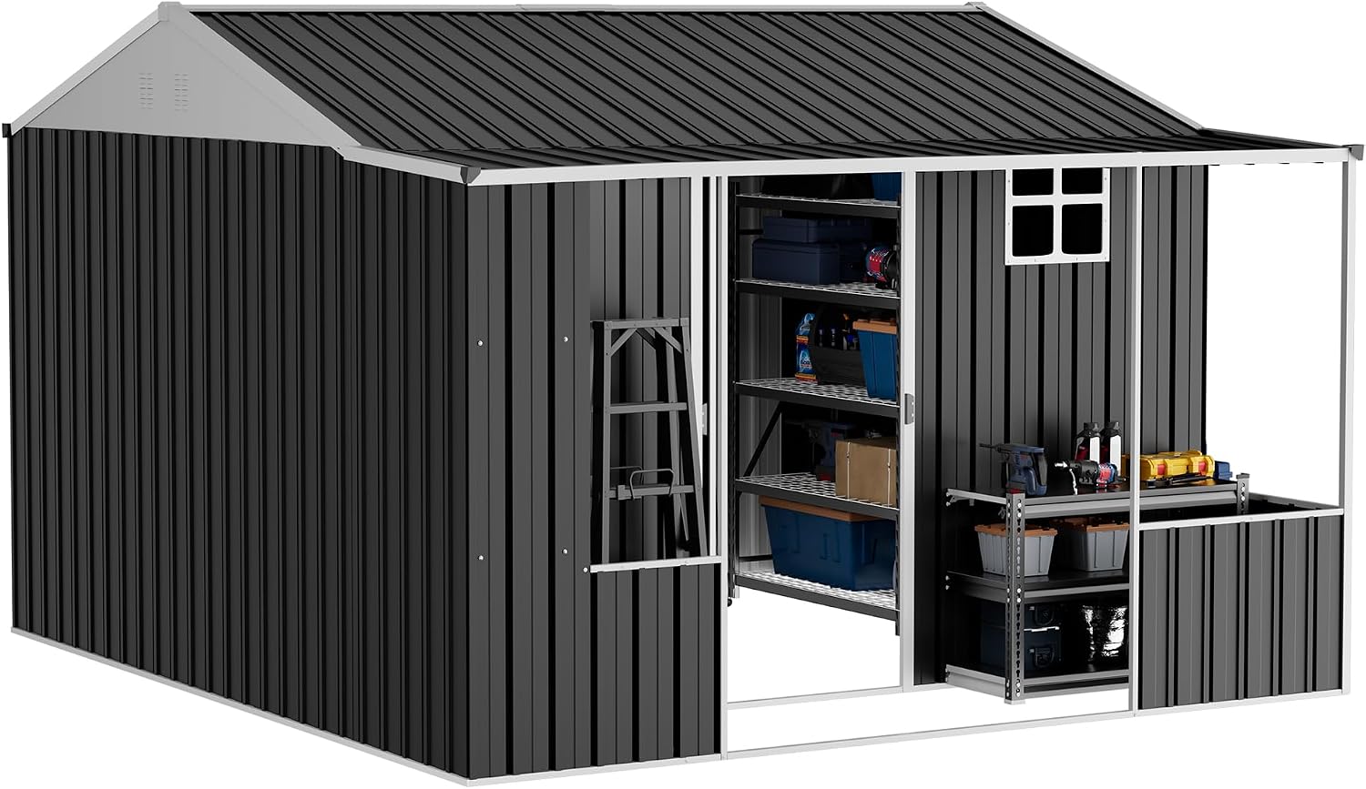 VanAcc 10×10.5×7 FT Metal Storage Shed, Dual-Zone Tool Shed with Work Area, Reinforced Frame, Gable Roof, Ventilated Design, Dark Grey