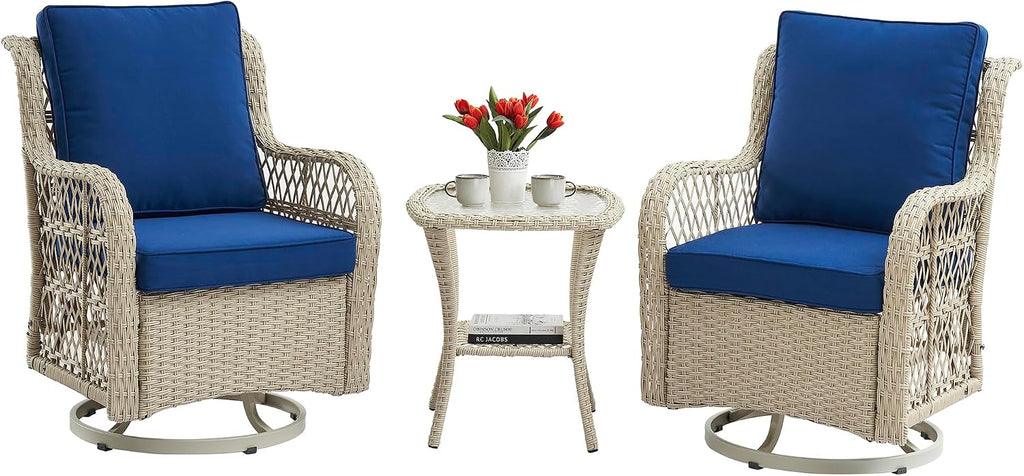 IDEALHOUSE 3 Piece Patio Furniture Sets Wicker Swivel Patio Chairs, Swivel Rocking Chairs Set of 2 with Rattan Side Table, 360-Degree Swivel Rocking Chair for Patio Porch Pool (Light Beige), Onesize