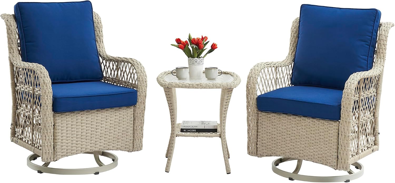 IDEALHOUSE 3 Piece Patio Furniture Sets Wicker Swivel Patio Chairs, Swivel Rocking Chairs Set of 2 with Rattan Side Table, 360-Degree Swivel Rocking Chair for Patio Porch Pool (Light Beige), Onesize