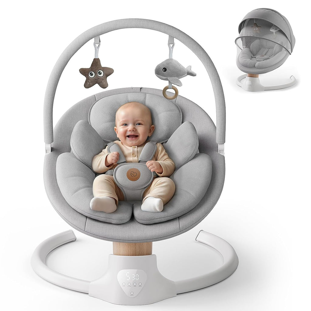 Baby Swings for Infants, FasonBaby Electric Baby Swing with 10 Preset Melodies, 5 Speeds, Remote Control and Bluetooth - Portable Infant Swing for Indoor and Outdoor(Grey)