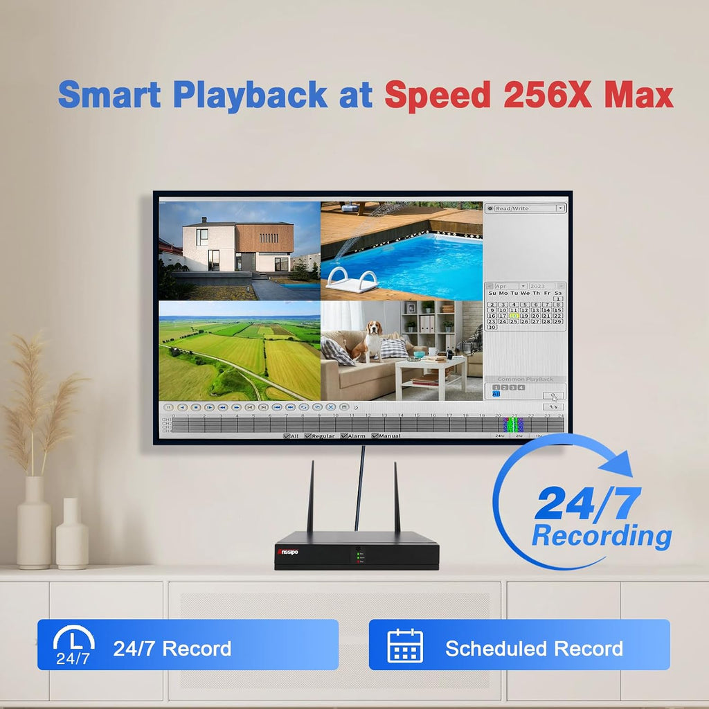 4K WiFi Security Camera System, 4X 3MP Plug-in Home Security Cameras 24/7 Recording, Dual Warning 8 Channel 265+ WiFi NVR, NO Hard Drive, 2 Way Audio, AI Detection, Color Night Vision