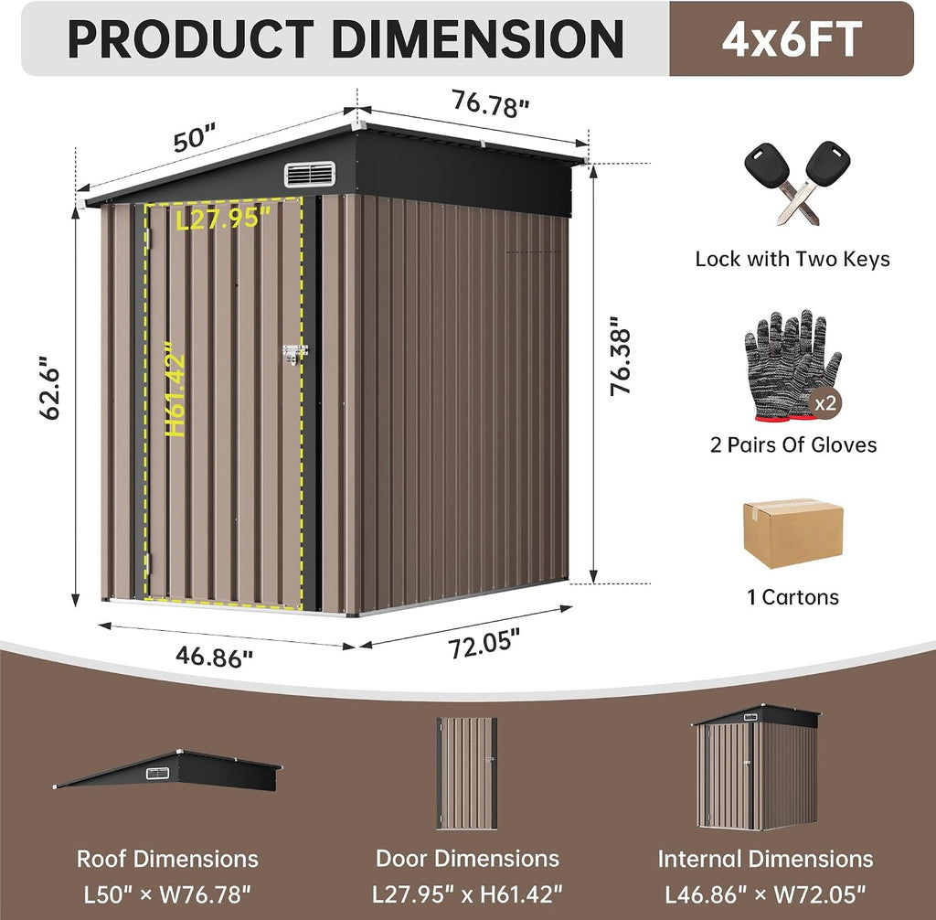 4x6 Lean to Yard Storage Shed, Outdoor Lean to Storage Sheds, Metal Wall Side Bike Shed with Lockable Door for Tool Garden Sheds for Patio Lawn Yard, Brown