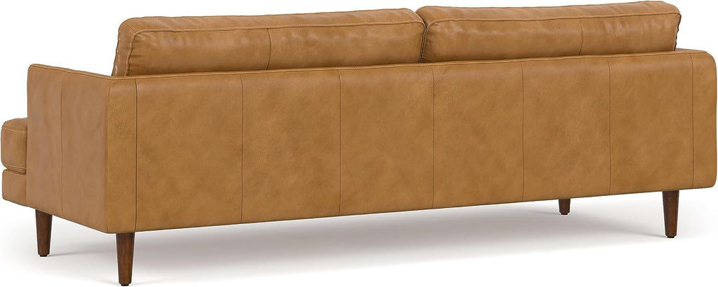 SIMPLIHOME Livingston 90-inch Wide Sofa in Sienna Top Grain Genuine Leather, Handcrafted Mid-Century Modern Couch for Living Room, Large 3-Seater with Feather-Wrapped Cushions and Solid Wood Frame