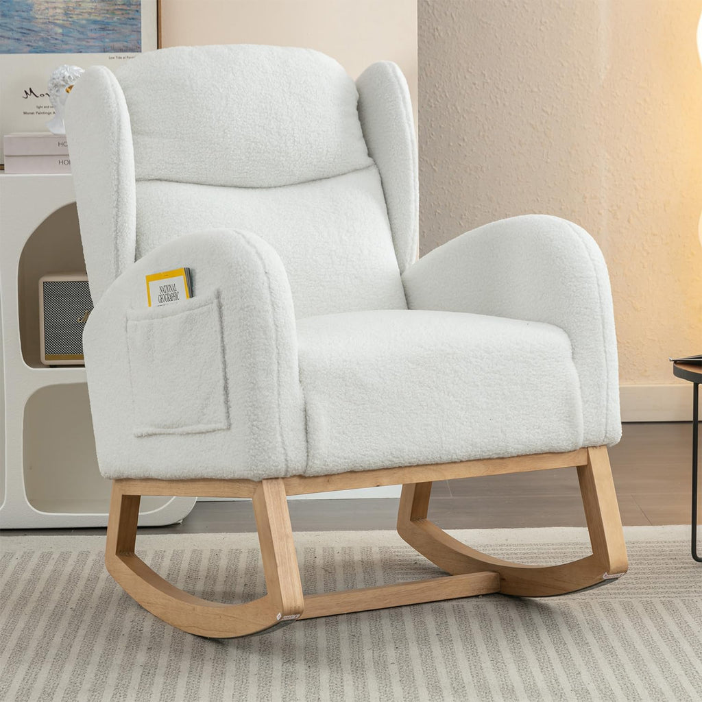 Cloud Rocking Chair Nursery, Comfy Glider Nursery Chair with Foot Rest, Upholstered Rocker, Modern Accent Reading Armchair with Solid Wood Base for Living Room, Bedroom (40' Ivory)