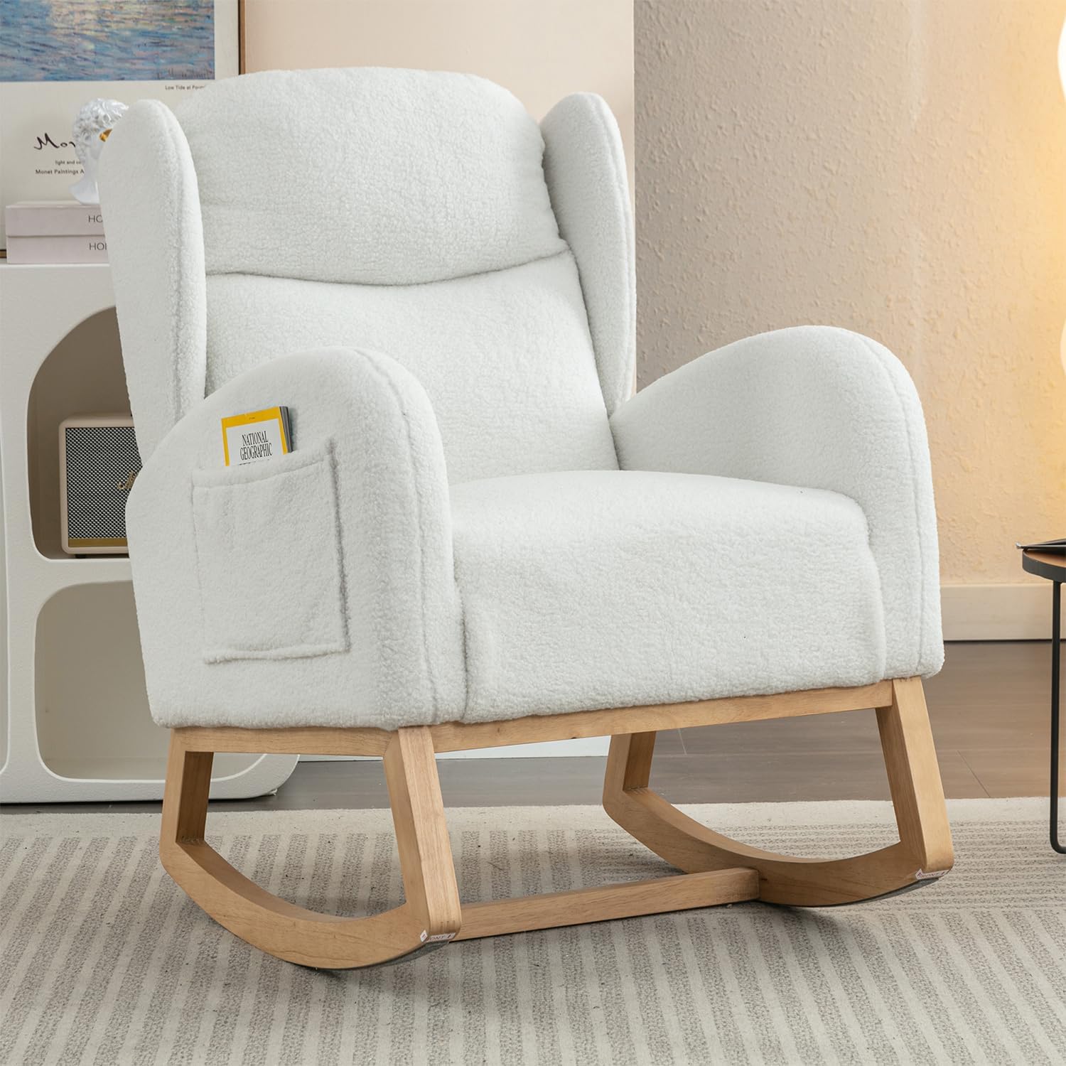 Cloud Rocking Chair Nursery, Comfy Glider Nursery Chair with Foot Rest, Upholstered Rocker, Modern Accent Reading Armchair with Solid Wood Base for Living Room, Bedroom (40' Ivory)