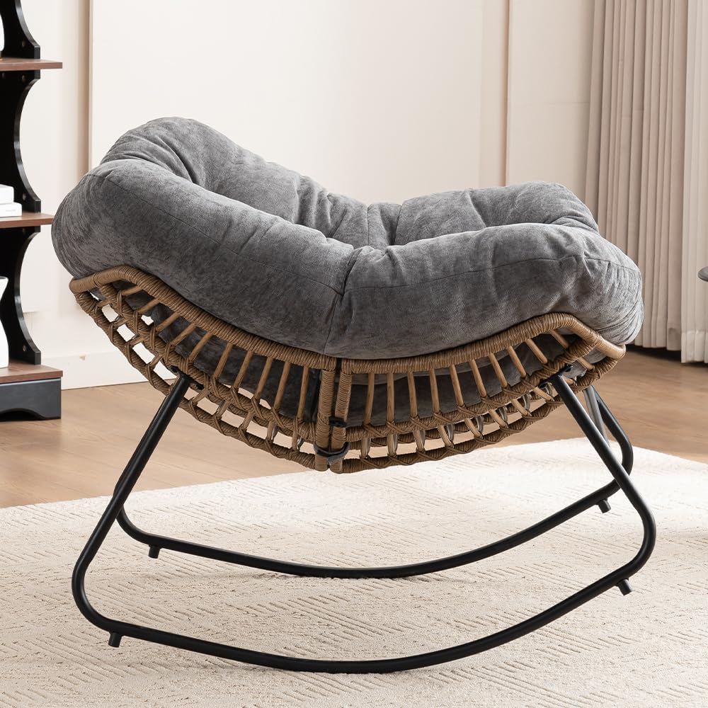Outdoor Papasan Chair, Oversized Rocking Chair with Cushion and Metal Frame, Patio Lounge Rocking Chair for Balcony Backyard Porch Bedroom Living Room (Grey)