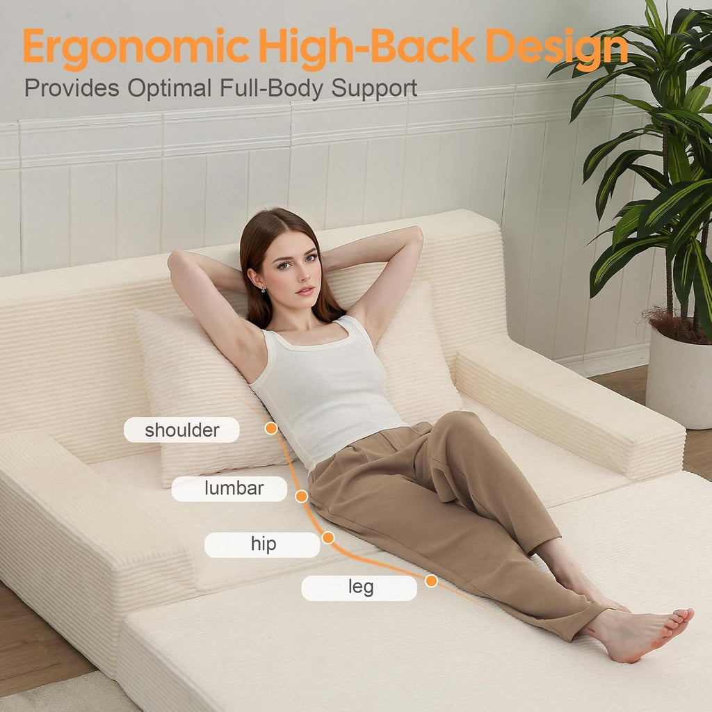 MeMoreCool Boneless Folding Queen Sofa Bed – Corduroy Convertible Futon Sleeper Couch with Foam Core & Pillow, Washable Cover, Space-Saving Floor Sofa for Living Room, Guest Bedroom, Apartment