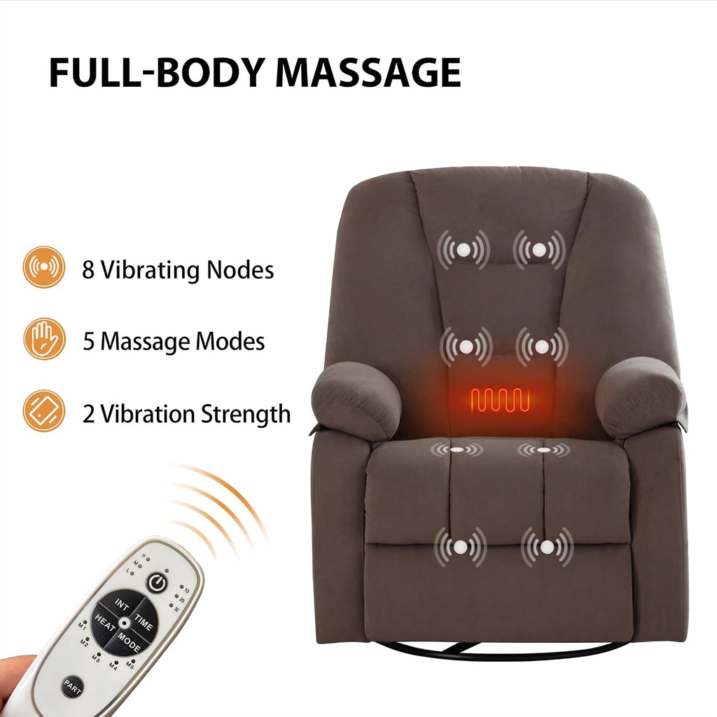 Ketaiyou Power Swivel Rocker Recliner with Massage and Heat, USB and Type-C Port, Infinite Position, Electric Glider Rocking Chairs Living Room, Soft Fabric Reclining Sofa Chair (Velvet Brown)