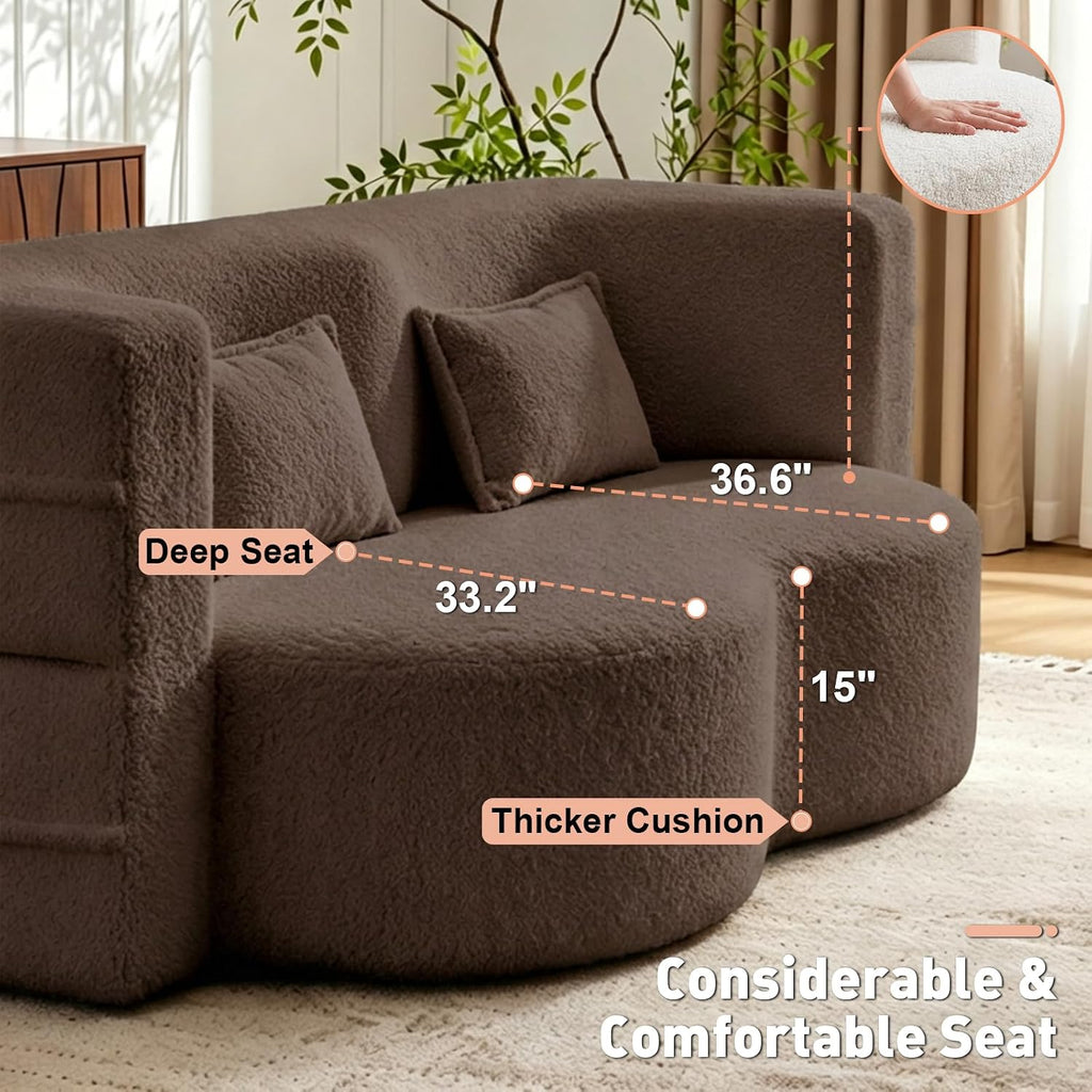 78' Full Size Convertible Folding Sofa Bed, Modern Teddy Fabric Futon Sofa Bed with 2 Pillows, Foam Mattress Futon Loveseat Couch, No Assembly Floor Couches for Living Room, Playroom, Apartment, Brown
