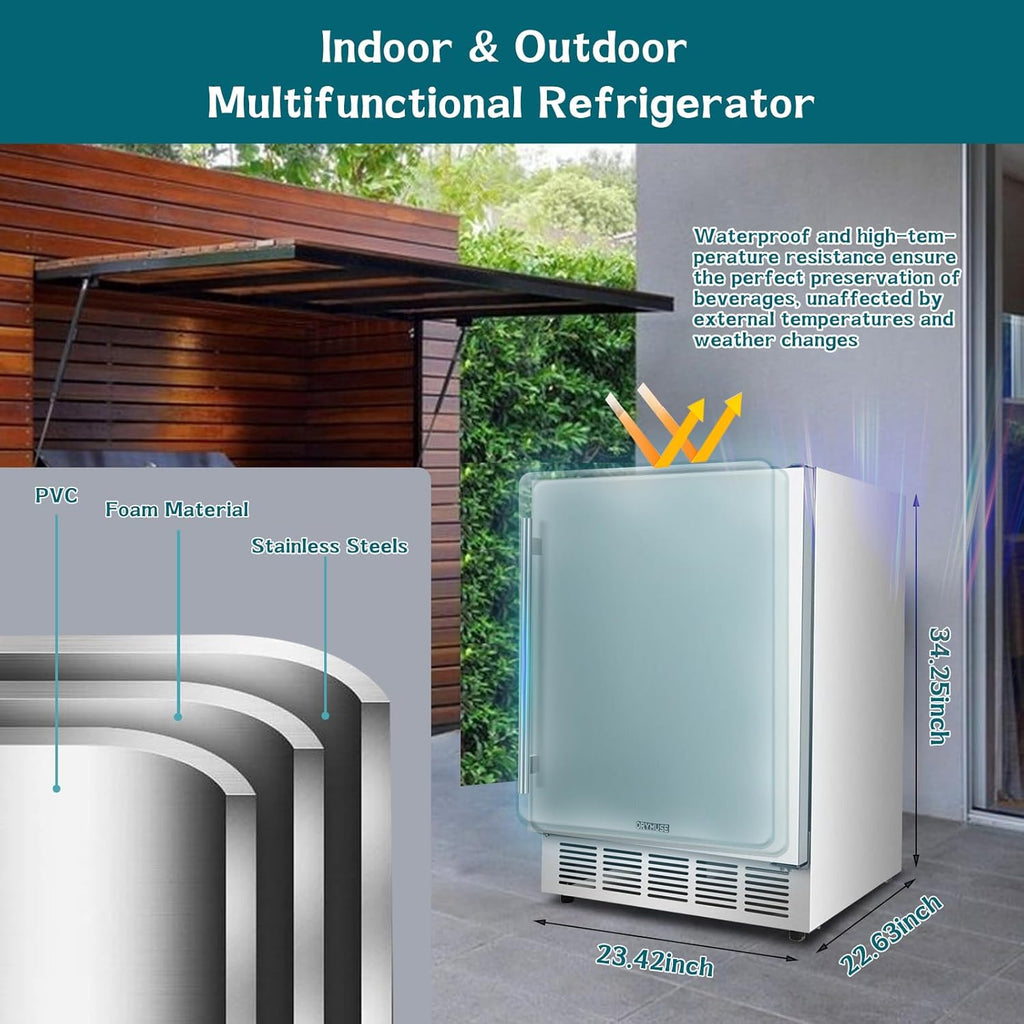 ORYMUSE 24' Outdoor Beverage Cooler Fridge - Undercounter Refrigerator, Stainless Steel Seamless Door - Holds 180 Cans, Powerful Cooling Compressor - Patio Kitchen, Commercial Use