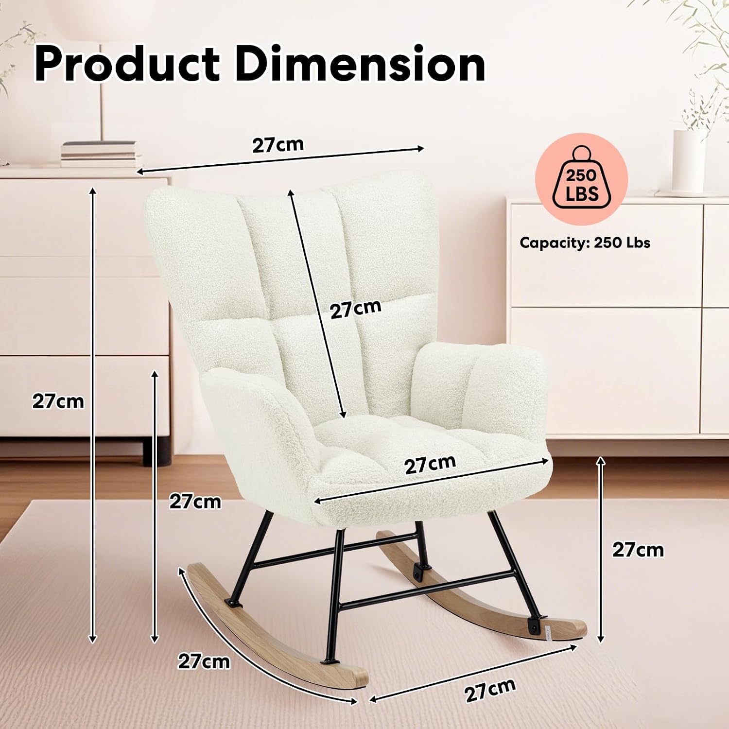 YSSOA Rocking Chair Nursery Teddy - Upholstered Comfy Glider Rocker with High Back Armchair, Cozy Reading Recliner Fluffy Comfortable Chair for Bedroom, Baby Room, Living Room and Study, Beige