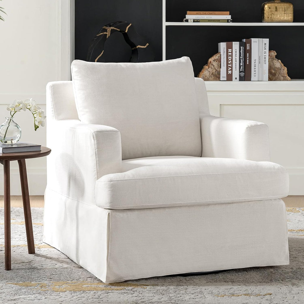 HULALA HOME Swivel Rocker Chair with Solid Wood Frame, Farmhouse Swivel Rocking Accent Chair with Washable Slipcover, Upholstered Barrel Armchair Down Blend Back and Seat Cushions, White