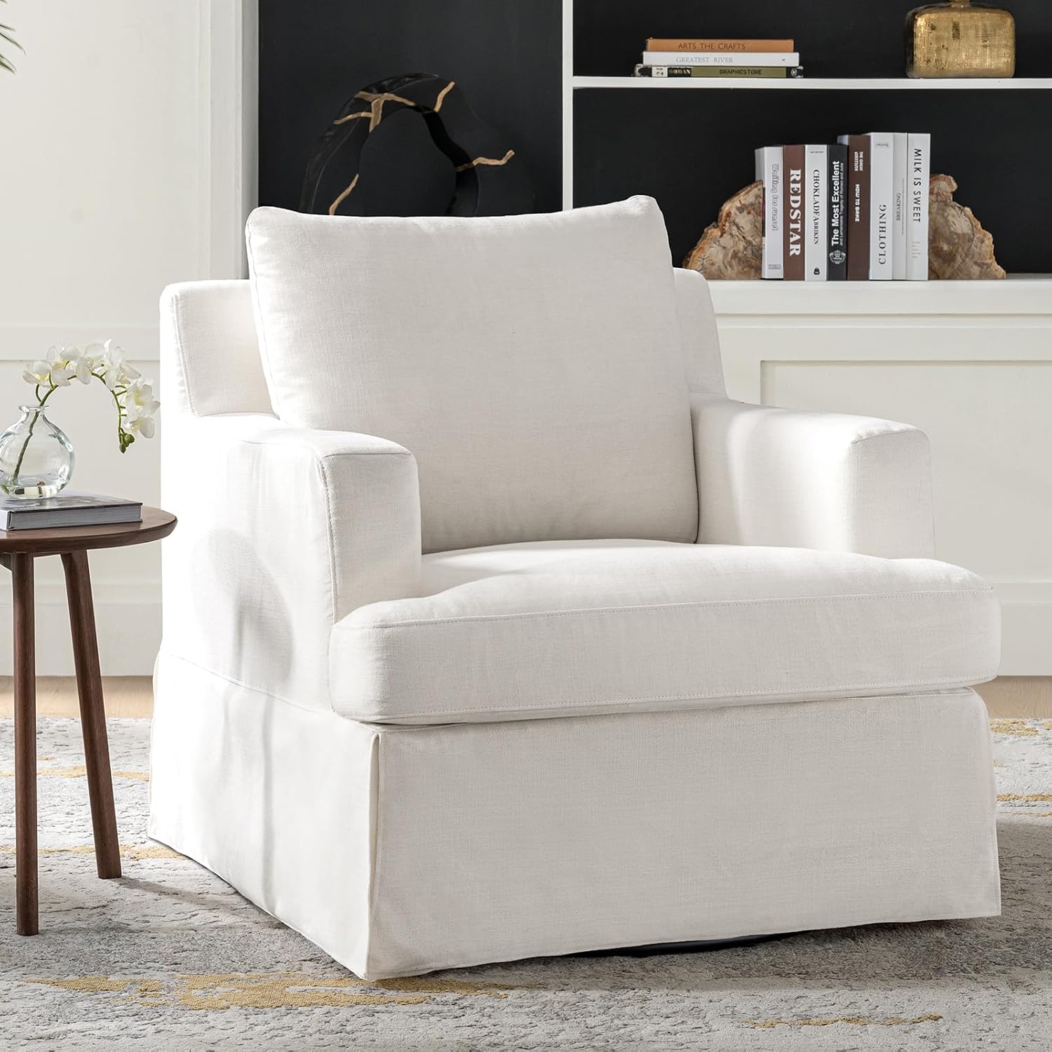 HULALA HOME Swivel Rocker Chair with Solid Wood Frame, Farmhouse Swivel Rocking Accent Chair with Washable Slipcover, Upholstered Barrel Armchair Down Blend Back and Seat Cushions, White