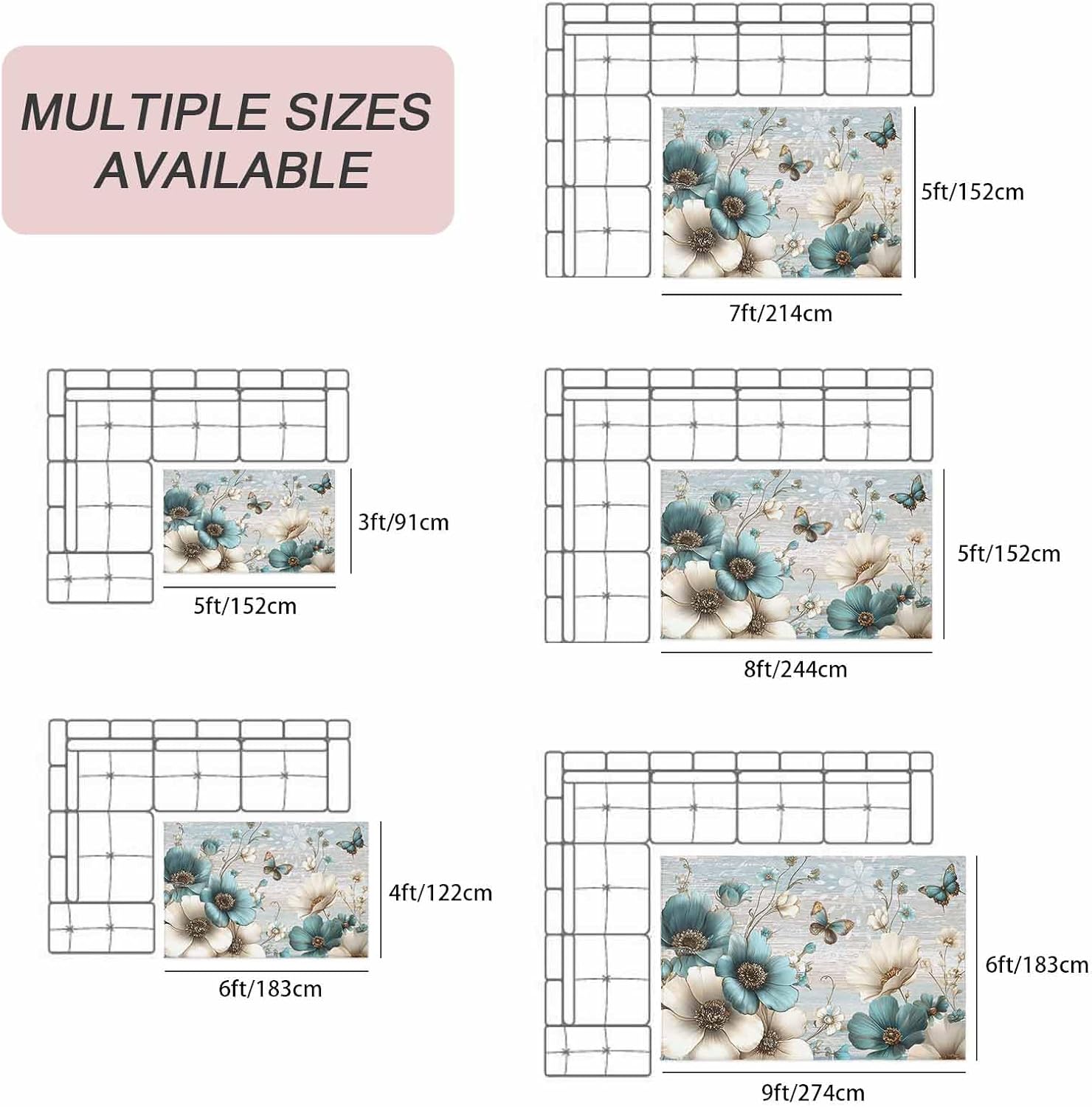 Teal Tulip Butterfly Outdoor Rug for Patio/Deck/Porch, Non-Slip Large Area Rug 4 x 6 Ft, Beige Turquoise Floral Farmhouse Blue Indoor Outdoor Rugs Washable Area Rugs, Camping Rug Carpet Runner